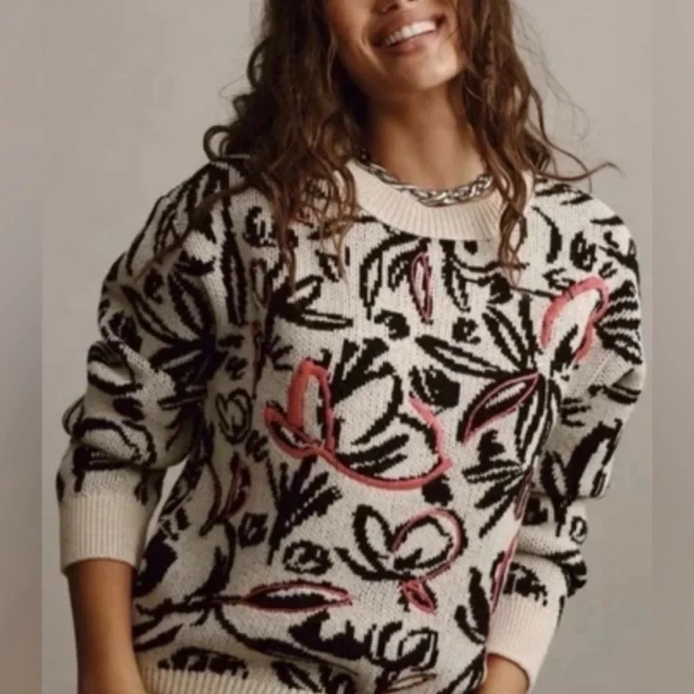 NWT Anthropologie Floral Pop Embroidered Sweater - Size S/XS Oversized XS - Picture 1 of 11